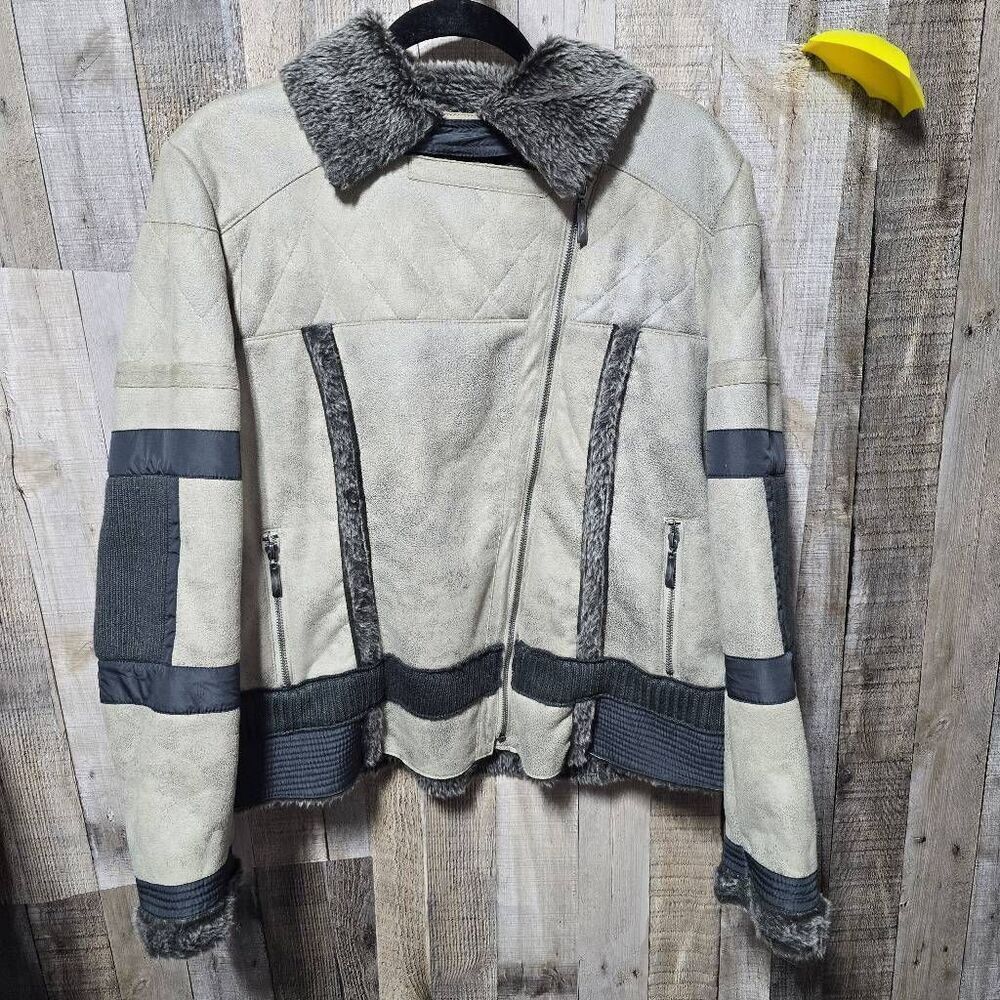 Montanaco Tan and Grey Faux Fur Vegan Suede Moto Coat Jacket